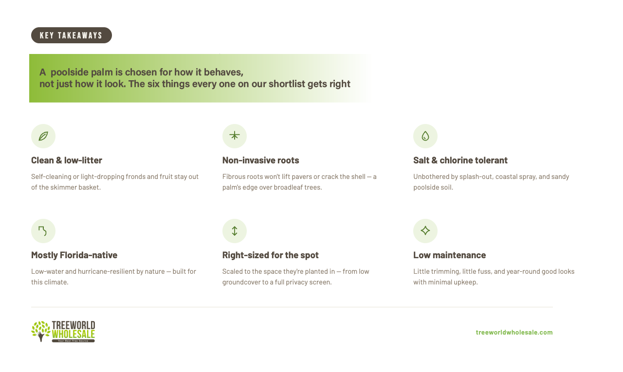 What makes a palm right for a pool – clean low-litter non-invasive salt tolerant Florida palms infographic